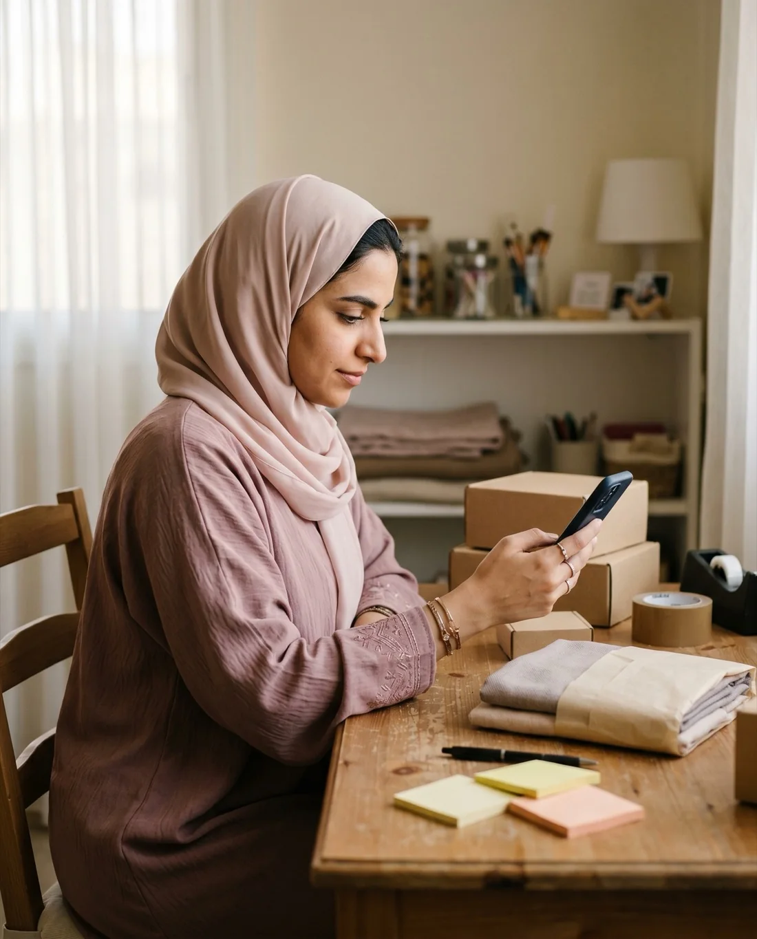 A home-based seller in her workroom checking an order on her phone next to packed parcels and stock on the shelves behind her