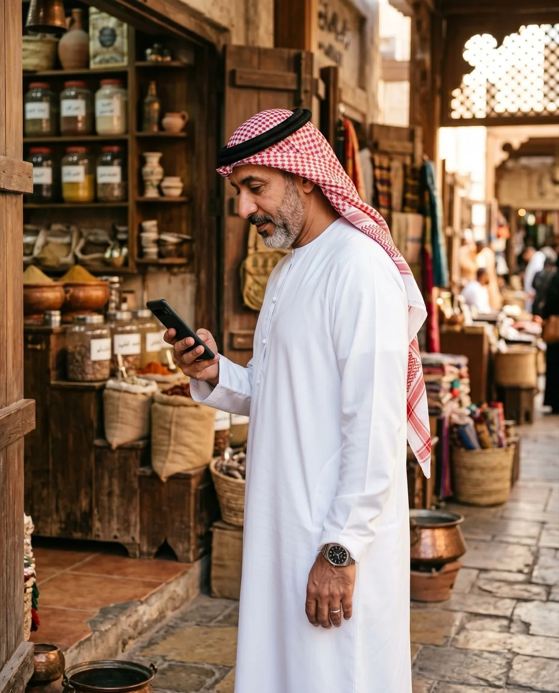 A traditional shop owner standing in his store, ready to take the business he already runs online